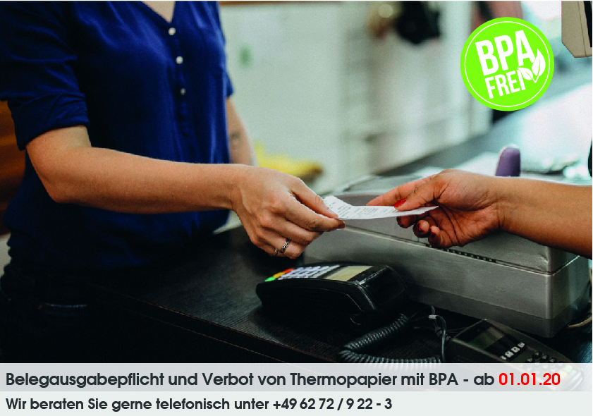 Belegausgabe an einer Kasse und BPA freies Thermopapier.