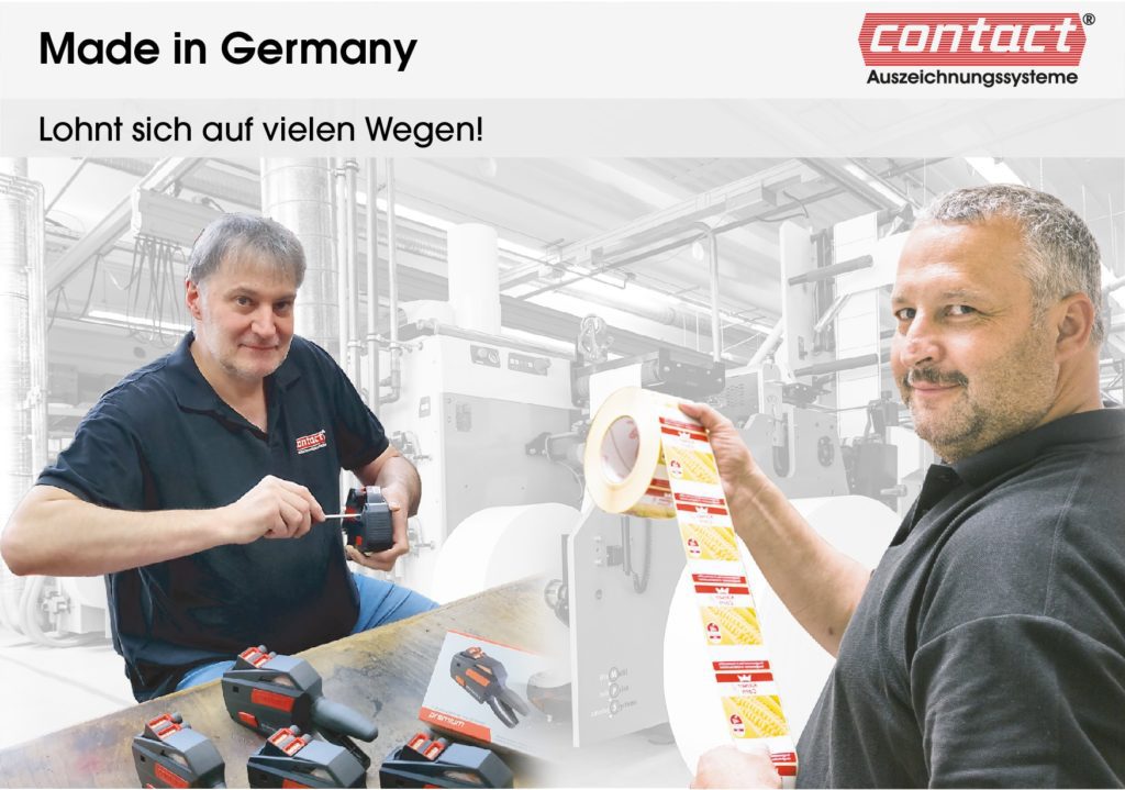 Made in Germany - contact Auszeichnungssysteme Produktionsstätte in Hirschhorn: Mitarbeiter, Etikettenrolle, Handauszeichner, Preisauszeichner