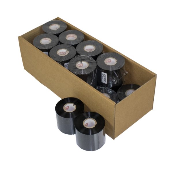 Thermotransfer-Farbbänder schwarz im Paket und zwei außen, Sinnbild für die zu kaufenden Thermotransfer Farbbänder contact prestige 60 mm x 410 lfm.
