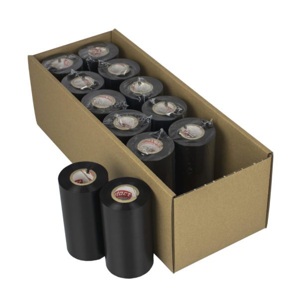 10 Thermotransfer-Farbbänder schwarz im Paket und zwei außen, Sinnbild für die zu kaufenden Thermotransfer Farbbänder 110 mm x 220 m