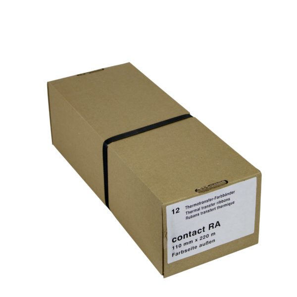 Paket mit Aufschrift "12 Thermotransfer-Farbbänder contact RA 110 mm x 220 m Farbseite außen"