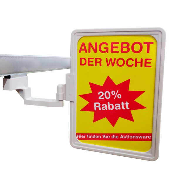 Magnetischer Plakatrahmenhalter mit gelbem Plakat mit roter Aufschrift "ANGEBOT DER WOCHE 20% Rabatt. Hier finden Sie die Aktionsware"