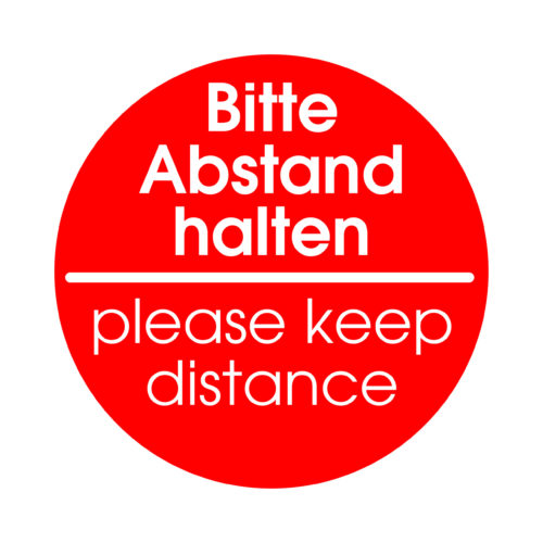 rotes, rundes Bodenetikett "Bitte Abstand halten - please keep distance"