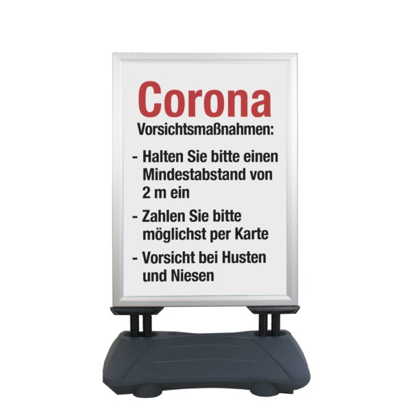 Allwetteraufsteller, DIN A1 mit Aufschrift "Corona Vorsichtsmaßnahmen: Halten Sie bitte einen Mindestabstand von 2m ein, zahlen Sie bitte möglichst per Karte, Vorsicht bei Husten und Niesen"