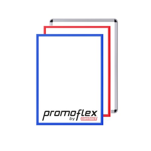 Drei Aluminium Klapprahmen DIN A1, Profilbreite 25 mm, silber, rot und blau, Rondo mit Aufschrift promoflex by contact