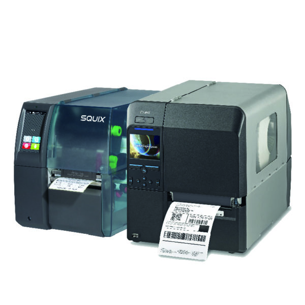 SQUIX cab Etikettendrucker mit bedrucktem Etikett & CL4NX Etikettendrucker mit bedruckzem Etikett.