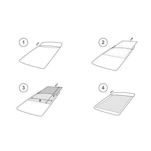 Umrisse vier Schritte zur Anwendung der Ersatz-Plakatschutztasche für Kundenstopper Wetterfest DIN A1, Material: Polypropylen