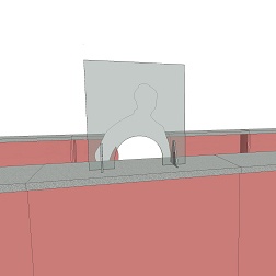 Umrisse des Hygieneschutz-Aufstellers mit Durchreiche 600 x 900 mm auf einem Counter und mit Person davor als Sinnbild für die Anwendung