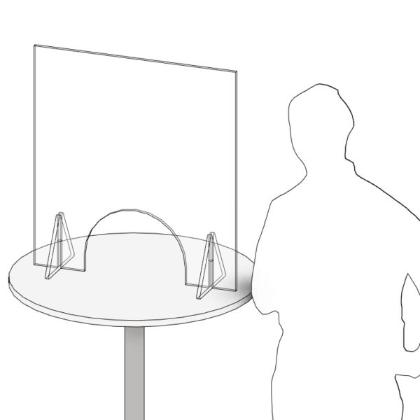 Umrisse des Hygieneschutz-Aufstellers mit Durchreiche 600 x 900 mm auf einem Tisch und mit Person davor