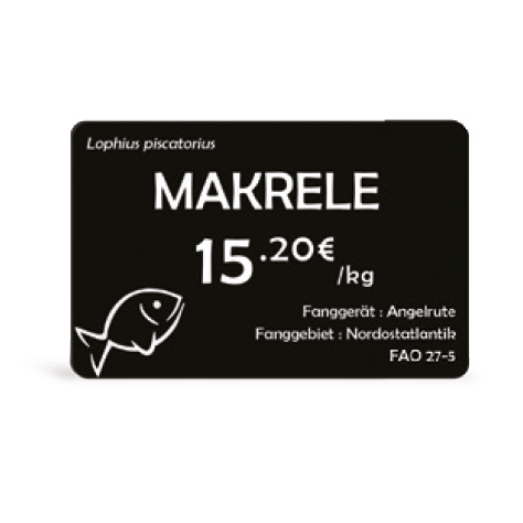 Anwendungsbeispiel: Preiskarte schwarz glänzend für den Evolis Primacy Kartendrucker individuell mit "MAKRELE" Fisch Symbol und Preisauszeichnung bedruckt