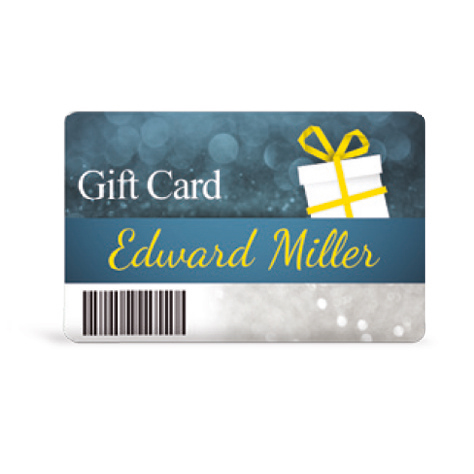 Anwendungsbeispiel: Preiskarte für den Evolis Primacy Kartendrucker (weiß glänzend) individuell als "Gift Card" mit Barcode bedruckt