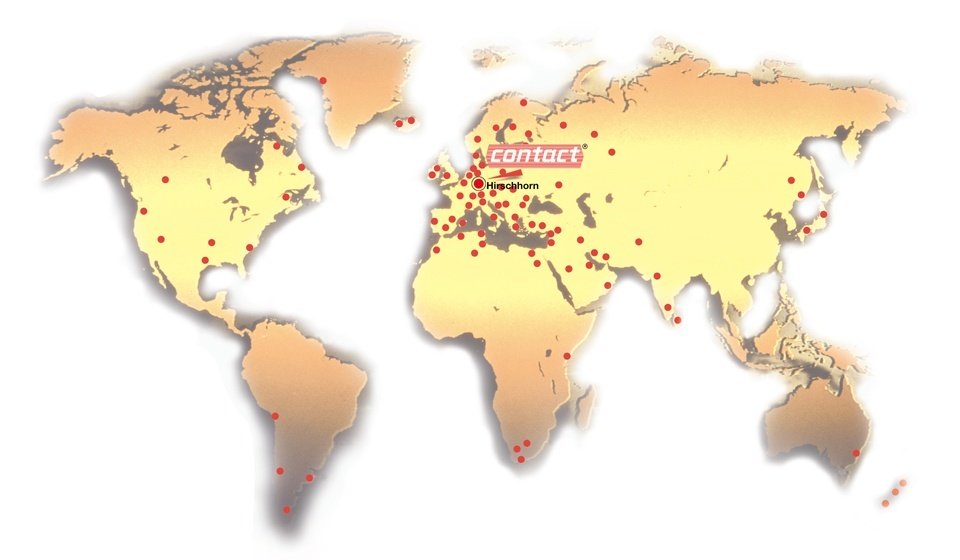 Weltkarte mit Markierung des contact Hauptsitzes in Hirschhorn und weiterer Standorte als Sinnbild für den Aufbau eines internationalen Vertriebsnetzes.