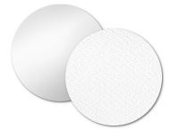 Sinnbild für unterschiedliche Ausführungen und Materialien der Etiketten von contact. Zwei Kreise mit glatter und strukturierter Oberfläche.