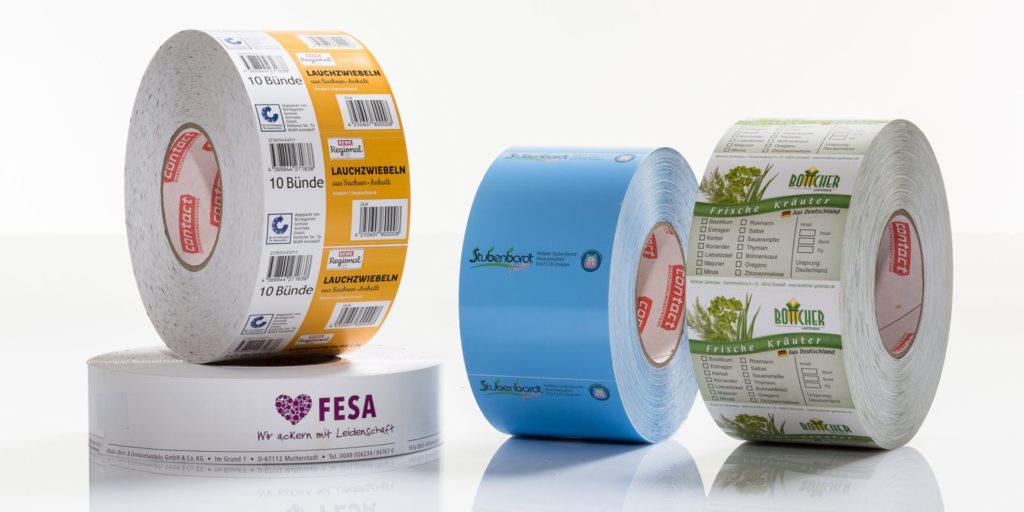 Vier contact Rollen mit individuellen Kistenstecker Etiketten für REWE regional, für FESA, Böttcher und Stubenbordt.