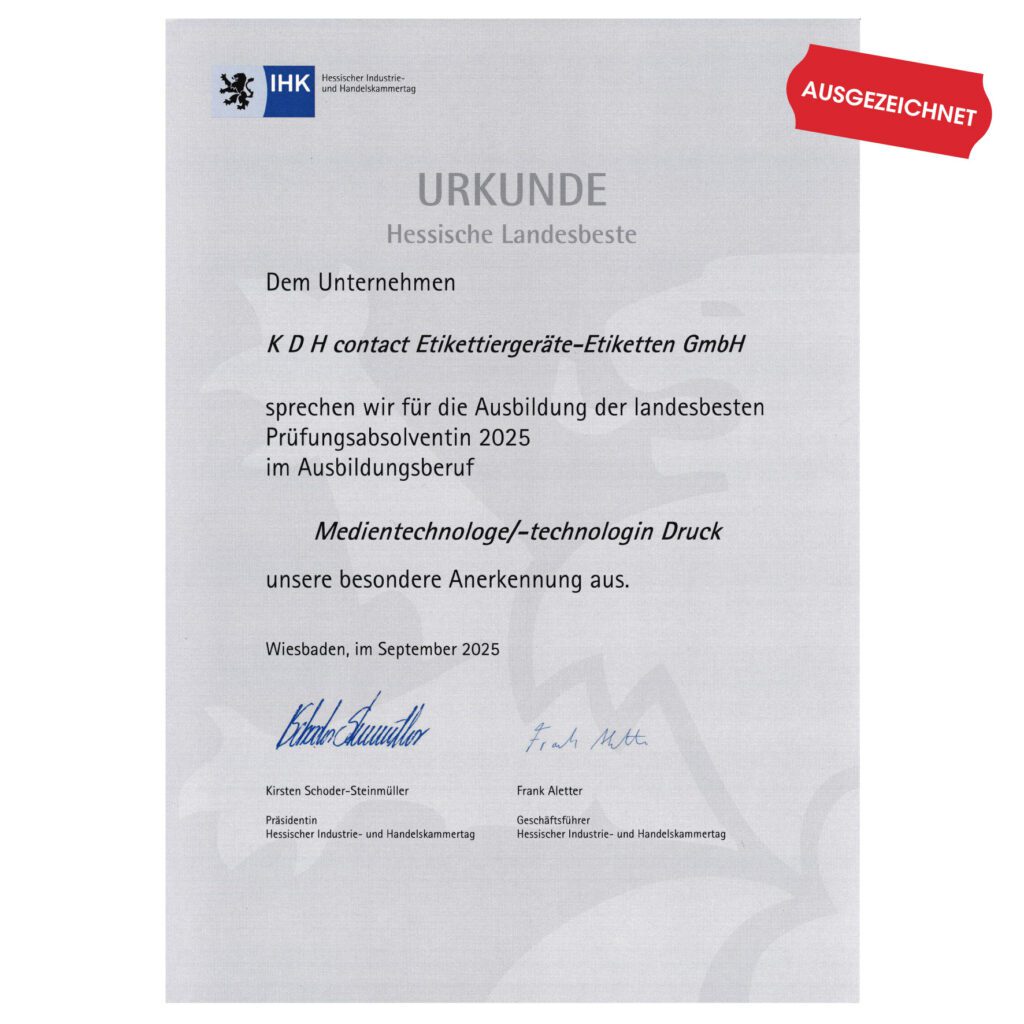 IHK-Auszeichnung für Landesbeste Medientechnologin_Ausbildung 2025_Urkunde