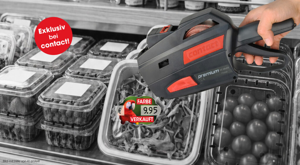 ontact Spectra 4c Etikett mit contact premium Handauszeichner vor Obst- und Gemüseschalen. Illustrative Darstellung, teilweise mit generativer KI erstellt.